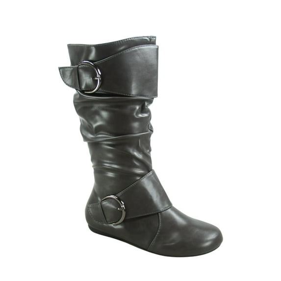 Zone 80 Women's Faux Leather Zipper Buckle Slouch Casual Flat Heel Mid Calf Round Toe Boots ( Grey, 11)