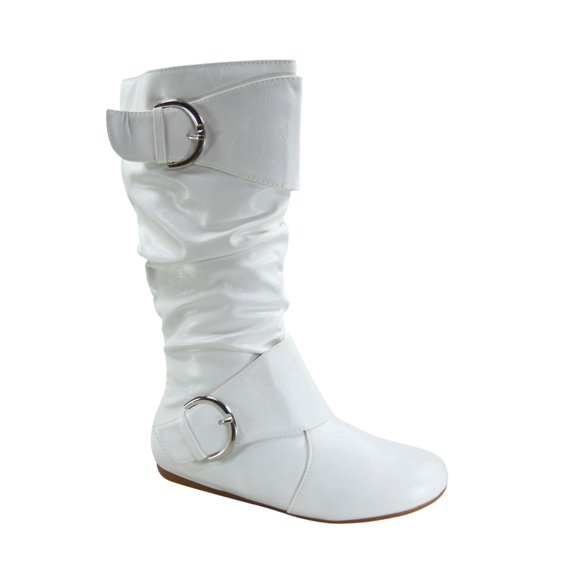 Zone 80 Women's Faux Leather Zipper Buckle Slouch Casual Flat Heel Mid Calf Round Toe Boots ( White, 10)