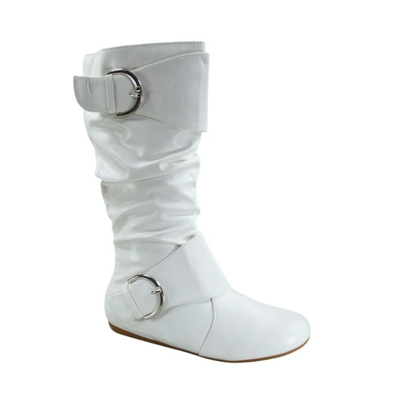 Zone 80 Women's Faux Leather Zipper Buckle Slouch Casual Flat Heel Mid Calf Round Toe Boots ( White, 9)