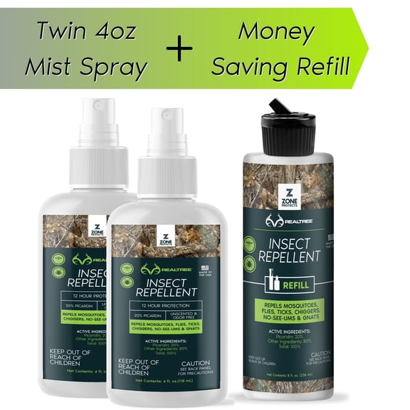 Zone Protect Realtree Picaridin Insect Repellent; Unscented, DEET Free, Two 4oz Bottles Picaridin Insect Repellent + Money-Saving Refill; Stops Ticks, Mosquitoes & Chiggers