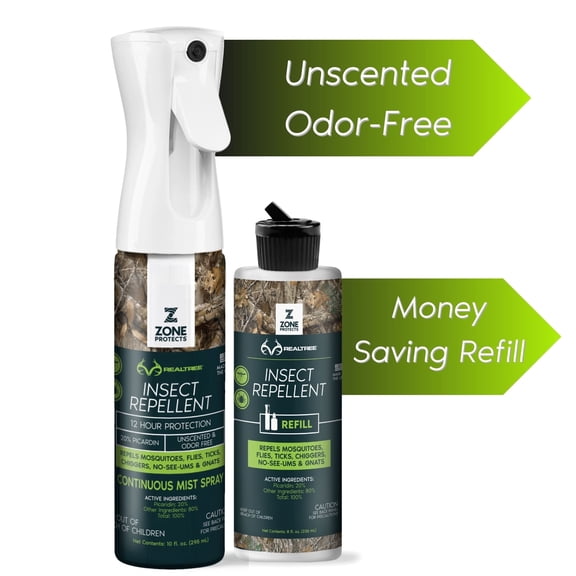 Zone Realtree Insect Repellent; Made with Picaridin, Continuous Spray + Refill Combo; Picaridin Insect Repellent is UNSCENTED, Repels Ticks, Chiggers and Mosquitoes; No Damage to Gear