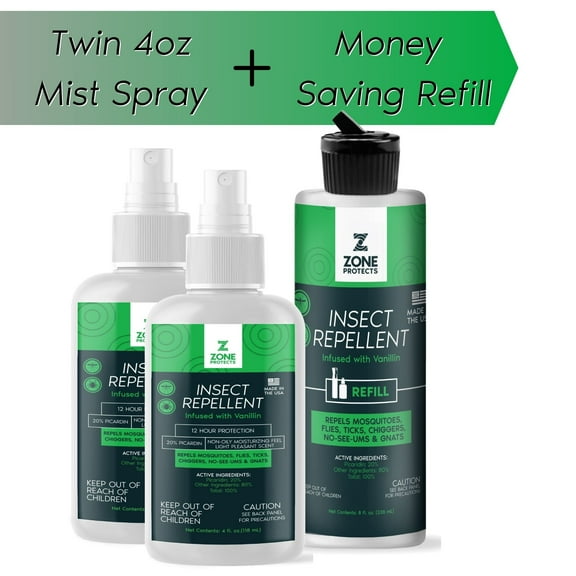 Zone Protects Scented Picaridin Insect Repellent Spray 2 Pack 4oz + Refill; Picaridin Based; 12-hr Protection Mosquitoes, Ticks, Chiggers & Gnats