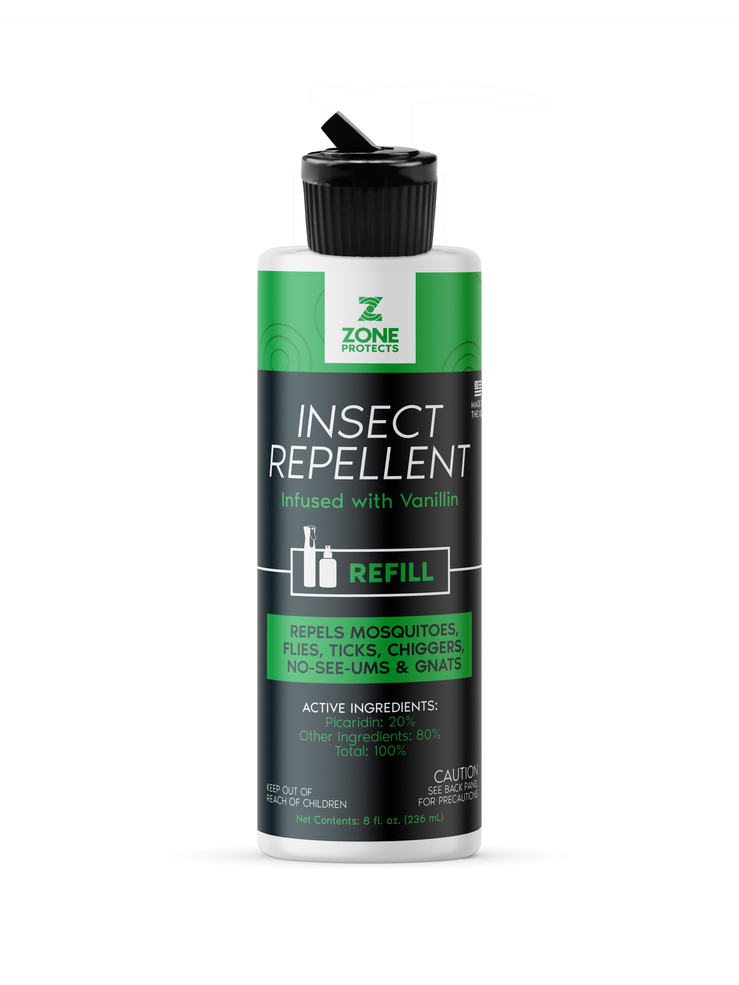 A bottle of insect repellent labeled as infused with vanillin, featuring active ingredients like Picaridin at 20%, which is designed to repel mosquitoes such as Aedes aegypti and Culex quinquefasciatus, with mention of testing for DEET effectiveness and protection with products like 3M Ultrathon Mosquito Repellent Cream.