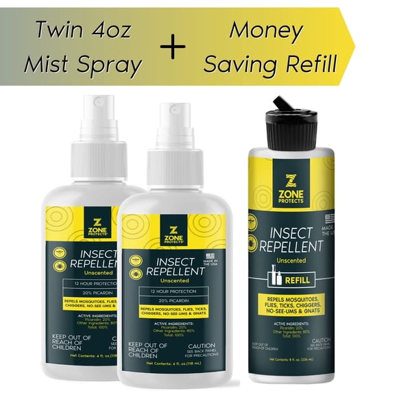 Zone Protects Unscented Picaridin Insect Repellent Spray; 2 Pack + Refill. Picaridin Based (DEET-Free, Oil-Free); 12-hr Proven Protection Against Ticks, Mosquitoes, Chiggers, Gnats and No-Seeums