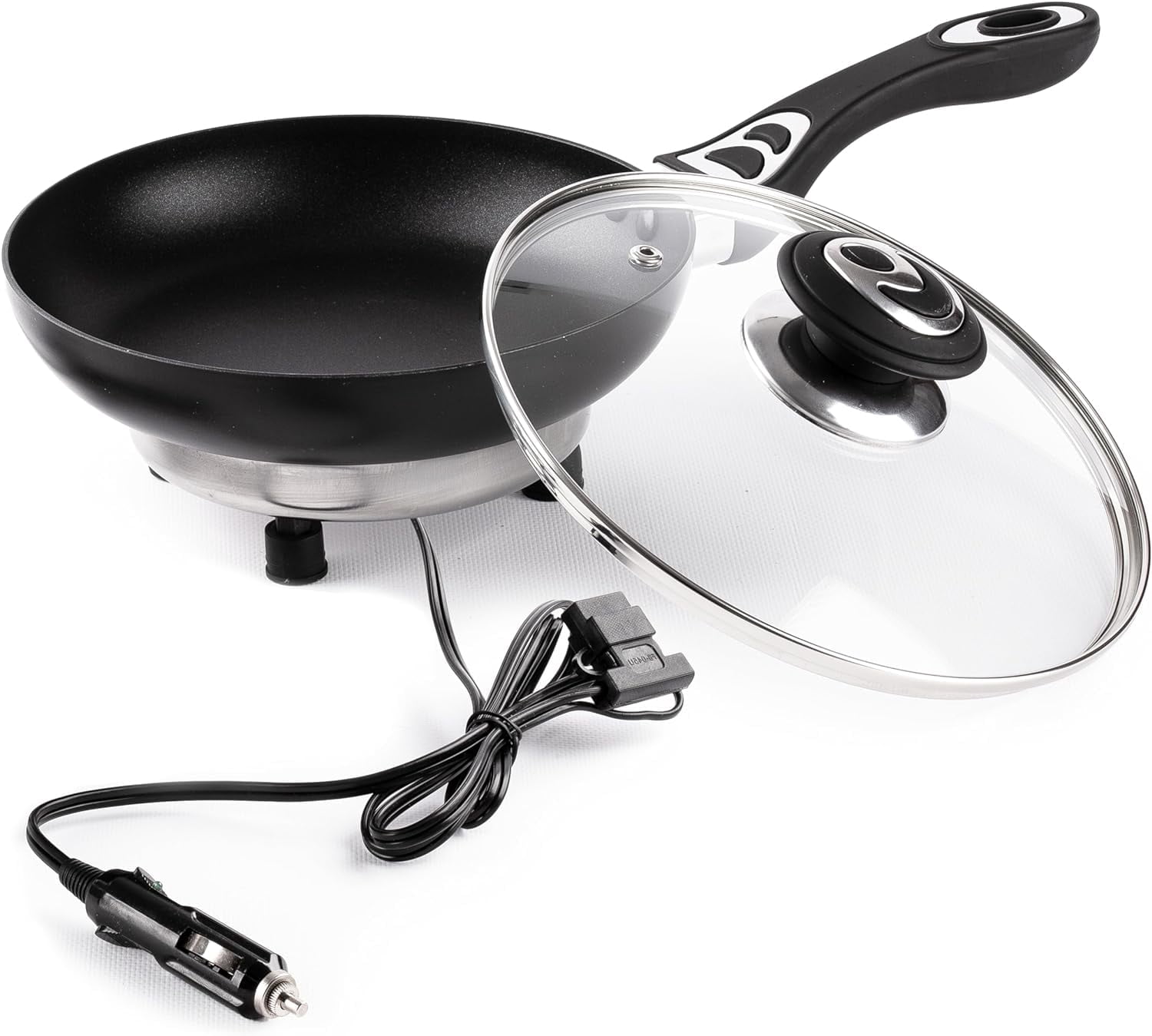 Zone Tech 12V Stainless Steel Frying Pan, 7.5-inch Portable Non-stick Frying Pan with Glass Vented Lid, Stay-cool Handle, Rapid Heat Up, Perfect For Camping, Picnic and more