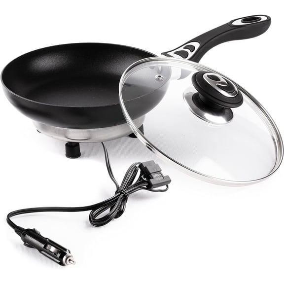 Zone Tech 12V Stainless Steel Frying Pan, 7.5-inch Portable Non-stick Frying Pan with Glass Vented Lid, Stay-cool Handle, Rapid Heat Up, Perfect For Camping, Picnic and more