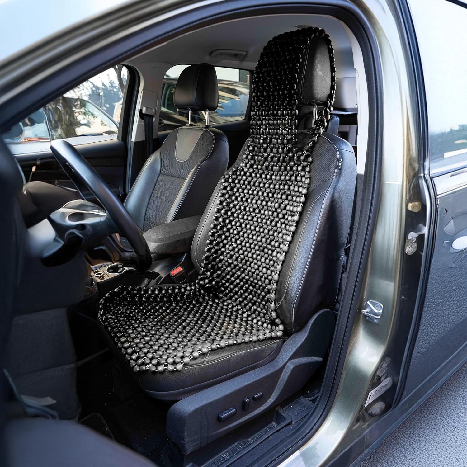 Zone Tech Beaded Seat Cover for Cars - Cooling, Massage Cushion, Car Seat Natural Wooden Beads for Semi Truck, Trailer, Car (Black 1-Pack)