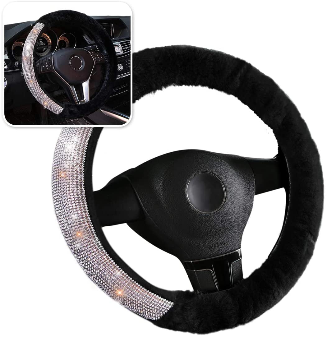 Zone Tech Black Plush with Diamond Chrome Bling Steering Wheel Cover