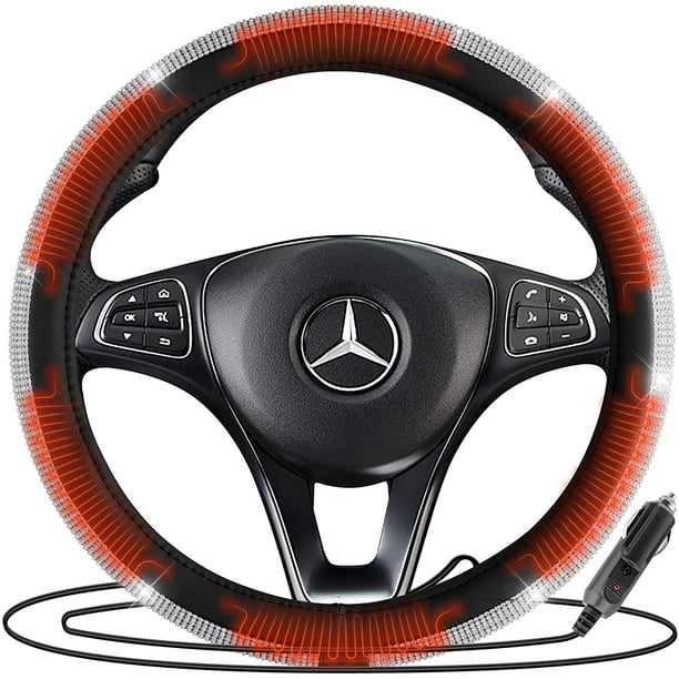 Zone Tech Car Steering Wheel Bling 12V Heated Cover, Classic Black and