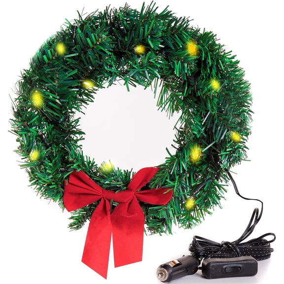 Zone Tech Christmas Car Wreath With Lights, Large Red Bow, It Includes: 4 Matching Color Tie Wrap, 2 Suction Cups, Cigarette Lighter With On/Off Switch 12 Volts Use For Car Parade Decoration,