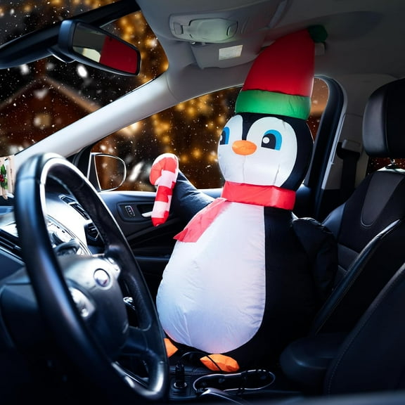 Zone Tech Christmas Penguin Blow-Up Décor for Cars - Inflatable Penguin with 12V Car Blower Plug LED Lights Outdoor Holiday Season Decoration