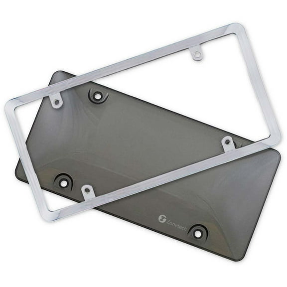 Zone Tech Clear License Plate Cover Shield Frame Combo - License Plate Clear Smoked Gray Bubble Shield and Chrome Frame Bracket