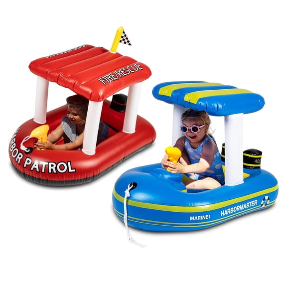Zone Tech Inflatable Patrol Boat Pool Float - Fire Rescue and Harbor Master Boat Pool Float with Fun Water Toy Squirter