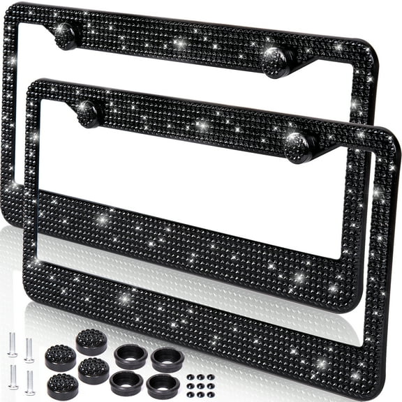 Zone Tech Shiny Bling License Plate Cover Frame - 2-Pack Classic Black Crystal Bling Novelty/License Plate Frame with Mounting Screws