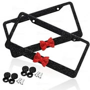 Zone Tech Shiny Bling Women License Plate Cover Frame - 2-Pack Crystal Black with Red Ribbon Bow Novelty/License Plate Frame with Mounting Screws