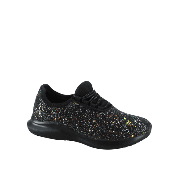 Zone1k Little Girl Big Girl Glitter Sparkle Comfort Light Weight Slip On Flat Sneaker Shoes ( Black Mulit, 4)