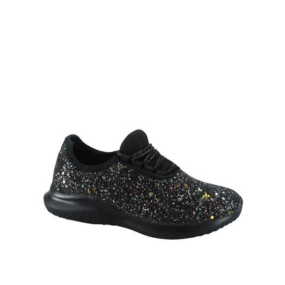 Zone1k Little Girl Big Girl Glitter Sparkle Comfort Light Weight Slip On Flat Sneaker Shoes ( Black Mulit, 4)