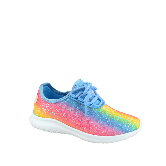 Zone1k Little Girl Big Girl Glitter Sparkle Comfort Light Weight Slip On Flat Sneaker Shoes ( Rainbow Blue, 1)