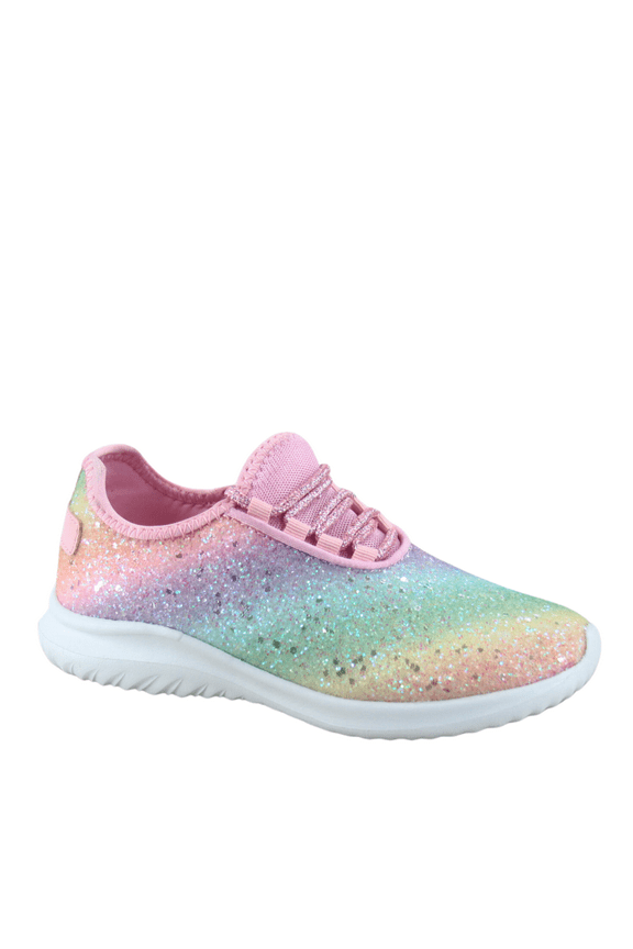 Girls Glitter Fabric Walking Shoes, Round Toe Rainbow Multi, Size 13