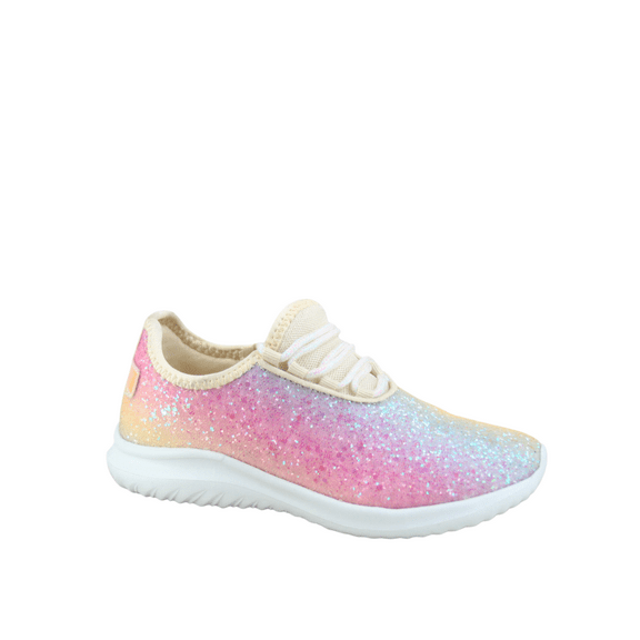Zone1k Little Girl Big Girl Glitter Sparkle Comfort Light Weight Slip On Flat Sneaker Shoes ( Rainbow Pink, 2)