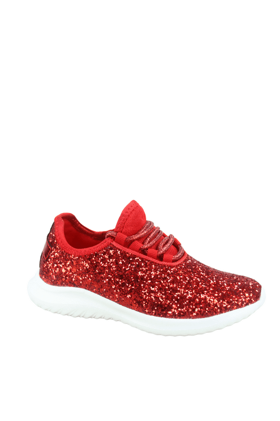Zone1k Little Girl Big Girl Glitter Sparkle Comfort Light Weight Slip On Flat Sneaker Shoes ( Red, 1)