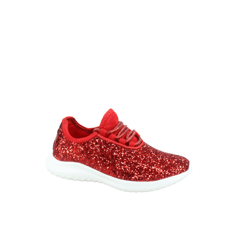 Zone1k Little Girl Big Girl Glitter Sparkle Comfort Light Weight Slip On Flat Sneaker Shoes ( Red, 2)