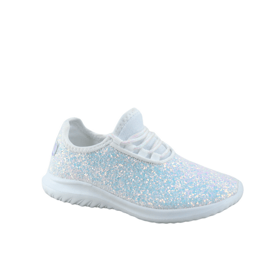 Zone1k Little Girl Big Girl Glitter Sparkle Comfort Light Weight Slip On Flat Sneaker Shoes ( White, 9)