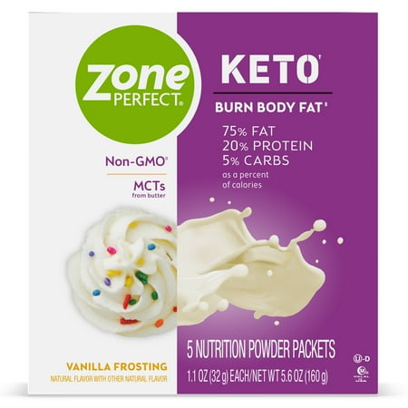 ZonePerfect Keto Powder, Vanilla Frosting, True Keto Macros To Burn Body Fat, Made With MCTs, 1.12 oz, 5 Count