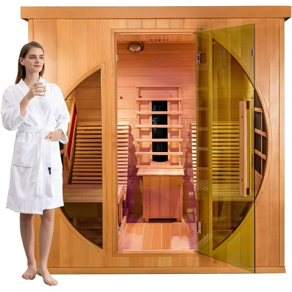 Zonemel Wooden Infrared Sauna Room, Hemlock, 2-3 Person, 3400W Ceramic&Carbon, 2-LCD Control Panel