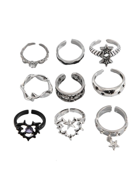 9 Pieces Silver Thorn Rings for Women Men Gothic Styles Set with Skull Snake Heart and Flower Designs Daily Use