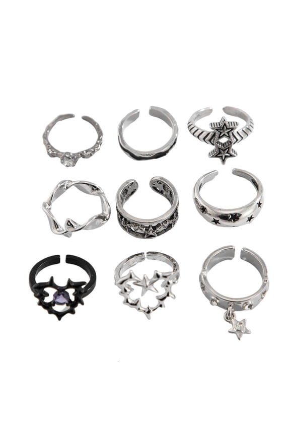 9 Pieces Silver Thorn Rings for Women Men Gothic Styles Set with Skull Snake Heart and Flower Designs Daily Use