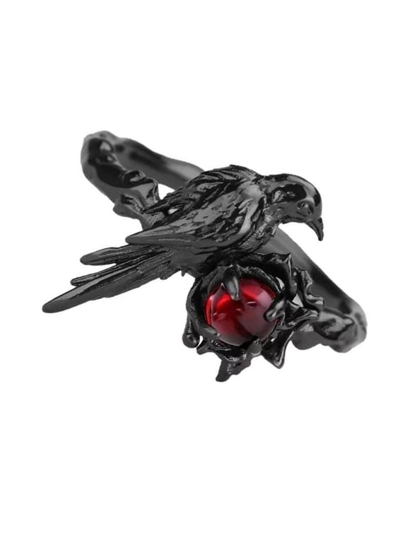 Adjustable Open Alloy Crow Ring with Red Gemstones Cosplay Jewelry Accessories
