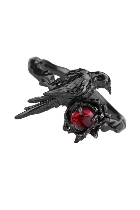 Adjustable Open Alloy Crow Ring with Red Gemstones Cosplay Jewelry Accessories