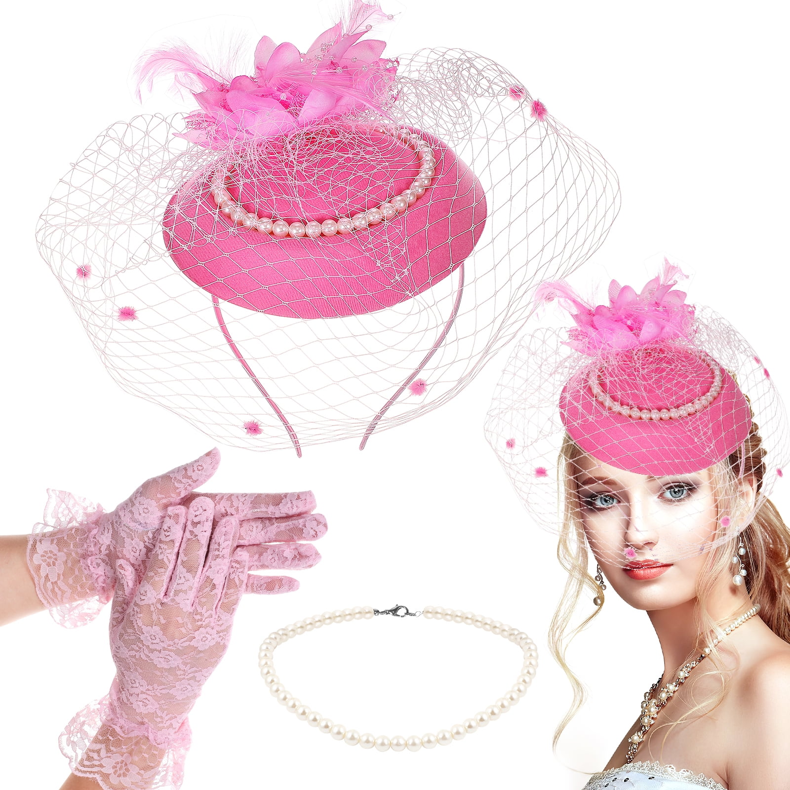 Zonh 1 Set Fascinator Hat Necklace Set Tea Party Hat And Gloves Set for Women Prom Banquet