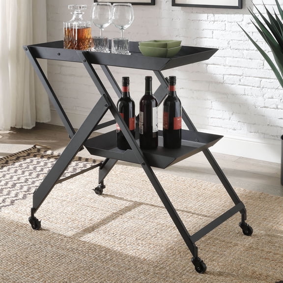 Zonnie Foldable Metal Serving Cart with Wheels, Black
