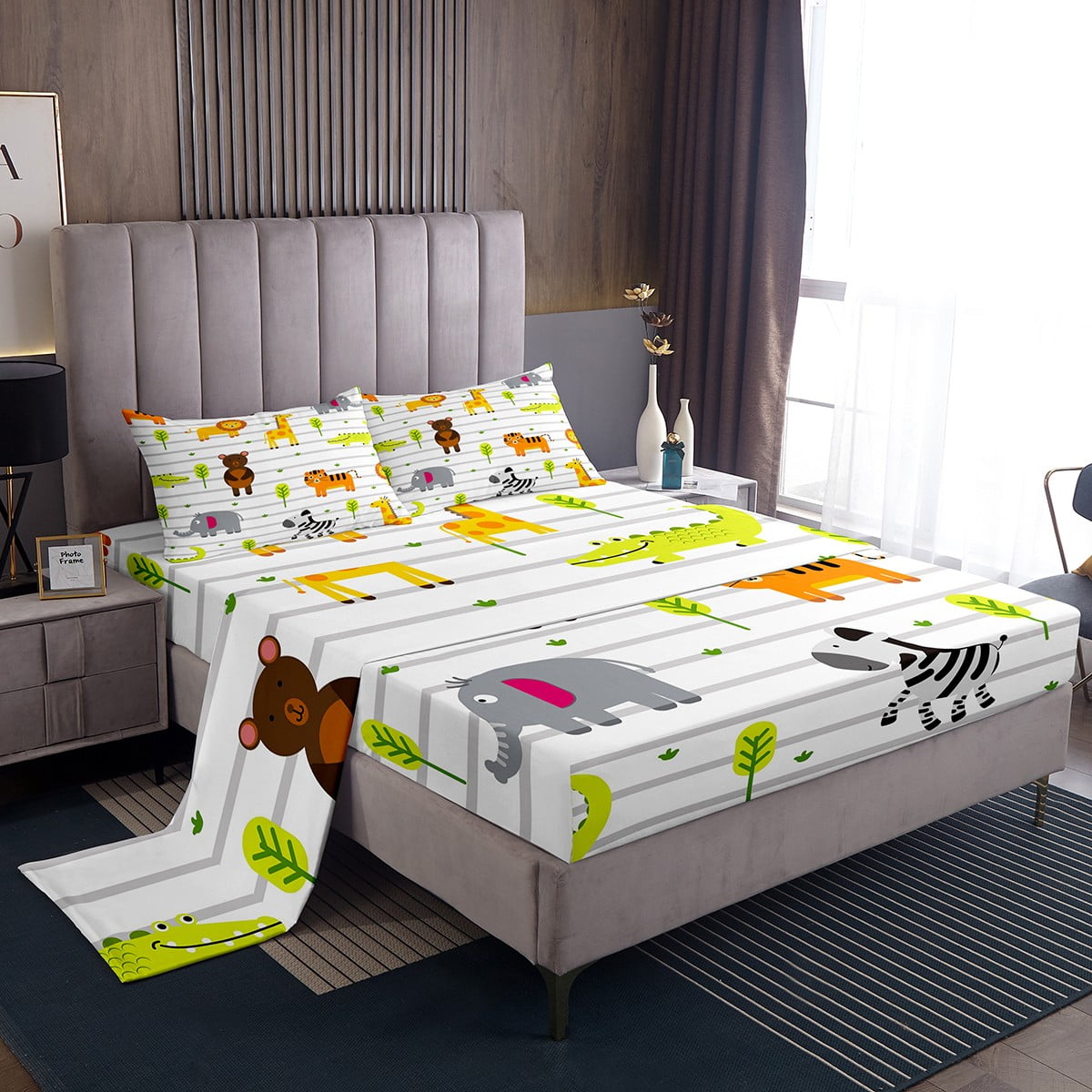 Zoo Animal Nursery Sheets Cartoon Safari Wild Animal Sheet Set, Woodland Animals Bed Sheets Set