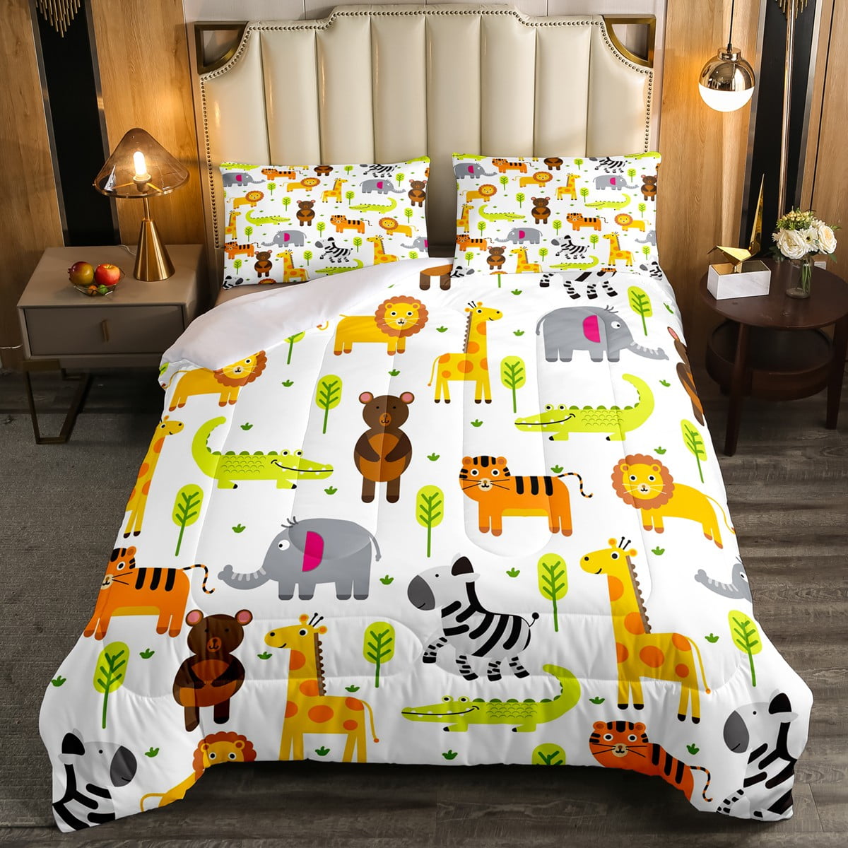 Zoo Animal Toddler Bedding Safari Nursery Decor Bedding Comforter Sets Queen, Cartoon Animals