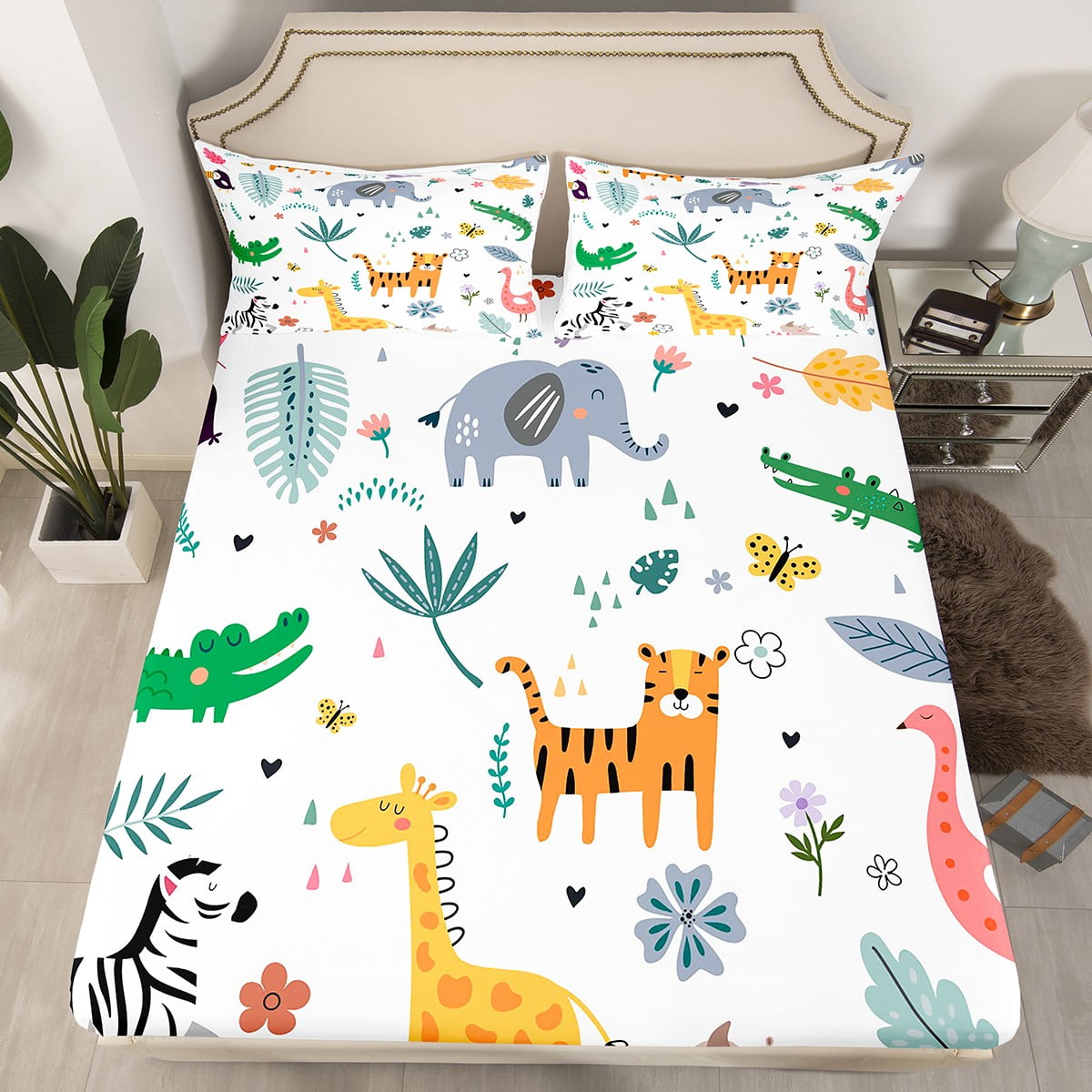 Zoo Animals Bed Sheets Twin Size Cute Tiger Giraffe Zebra Bedding Set Kawaii Fitted Sheet Lovely
