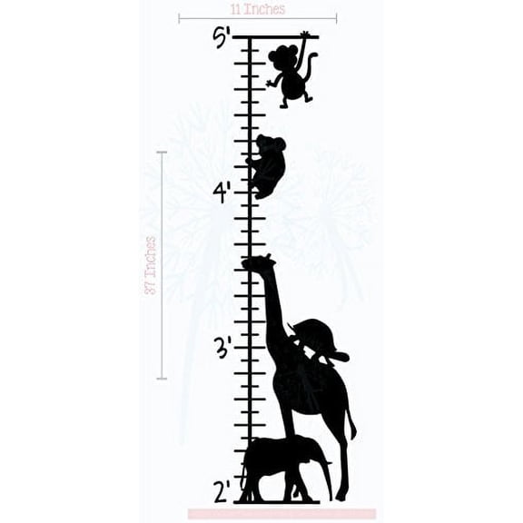 Zoo Animals Growth Chart Vinyl Decals Children Room Wall Sticker Art, 11x37-Inch Black