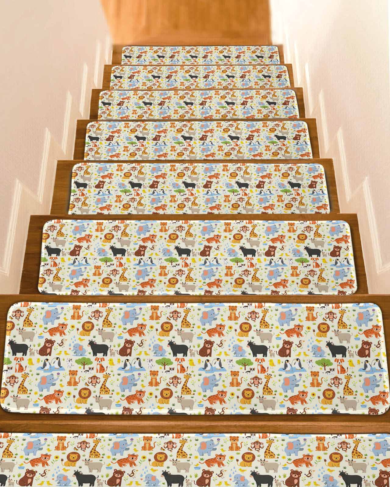 Zoo Animals Non-Slip Stair Treads for Wooden Steps, 7 Pack-8x30in ...