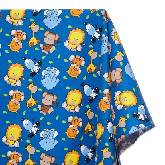 Zoo Animals Printed Hypoallergenic Cotton Flannel 44" Fabric By The Yard - Royal Blue