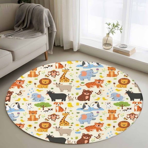 Zoo Animals Round Rug 3ft Washable Circle Entryway Rugs Non Slip Cute Funny Cow Lion Cartoon Area Rug Indoor Floor Carpet for Bedroom Kitchen Living Room Home Office Dining Room Nursery