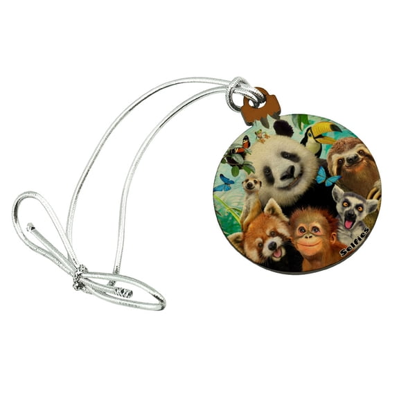 Zoo Animals Selfie Panda Bear Sloth Meercat Monkey Lemur Mini Small Tiny Wood Christmas Tree Holiday Ornament