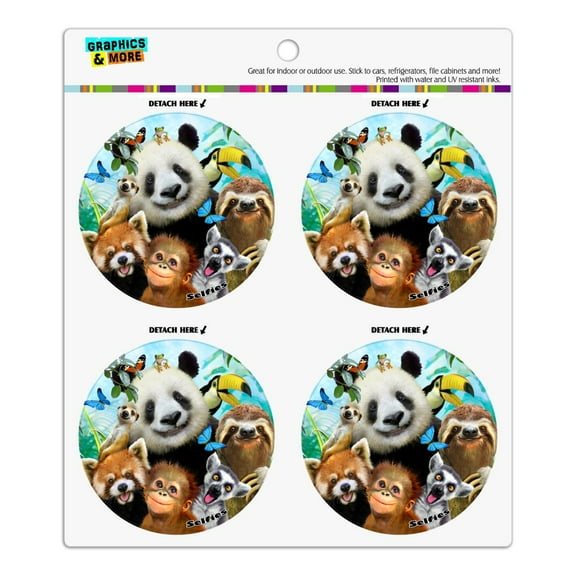 Zoo Animals Selfie Panda Bear Sloth Meercat Monkey Lemur Refrigerator Fridge Locker Vinyl Circle Magnet Set
