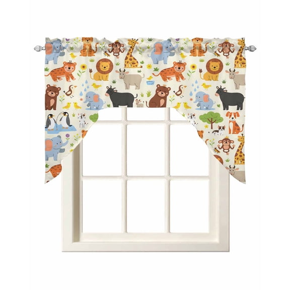 Zoo Animals Swag Valances for Windows, Small Curtains Drapes, Cute Funny Cow Lion Cartoon Kitchen Window Curtains Over Sink Rod Pocket Window Treatment Valance for Bedroom/Bathroom 56"x36"