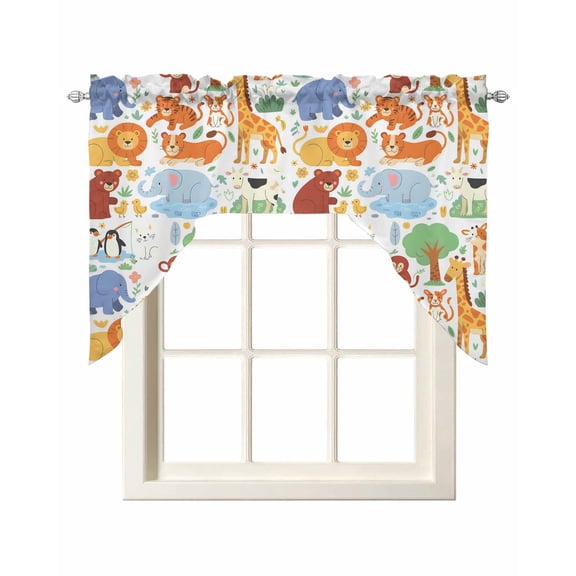 Zoo Animals Swag Valances for Windows, Small Curtains Drapes, Cute Funny Elephant Tiger Cartoon Kitchen Window Curtains Over Sink Rod Pocket Window Treatment Valance for Bedroom/Bathroom 56"x36"