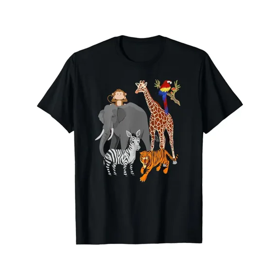 Zoo Animals T-Shirt - 100% Cotton Casual Short Sleeve Tee with Vibrant 3D All-Over Print, Playful Elephant Giraffe Zebra Parrot Design for Men Women