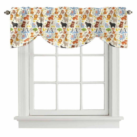 Zoo Animals Tie Up Valance Curtains for Windows, Kitchen Curtains Window Treatments, Cute Funny Cow Lion Cartoon Short Window Shades Valances for Bedroom Bathroom Cafe 42"x12"