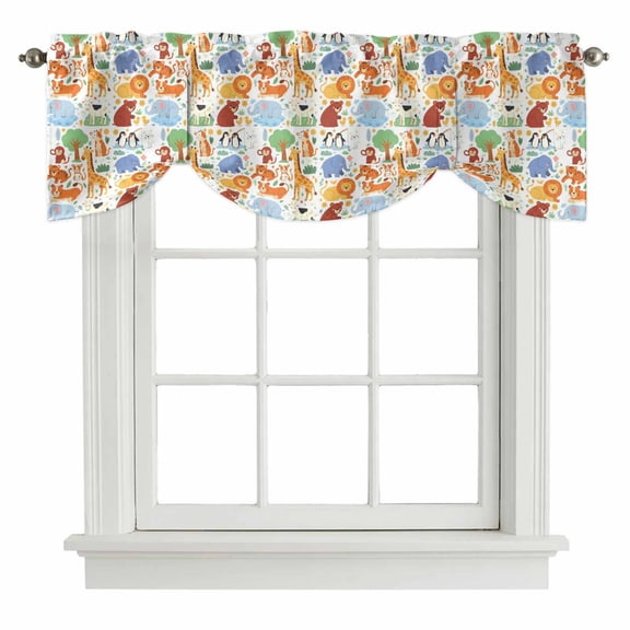 Zoo Animals Tie Up Valance Curtains for Windows, Kitchen Curtains Window Treatments, Cute Funny Elephant Tiger Cartoon Short Window Shades Valances for Bedroom Bathroom Cafe 42"x12"