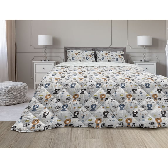 Zoo Comforter & Sham Bedding Set, Bears Giraffes Llama Honey Bee Floral Clouds Dream Fantasy World, 3 pcs Duvet Set Microfiber Filling Quilt, 5 Sizes, Ginger and Dark Teal, by Ambesonne